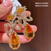 Floral Deco Rhinestone Teardrop Statement Earrings